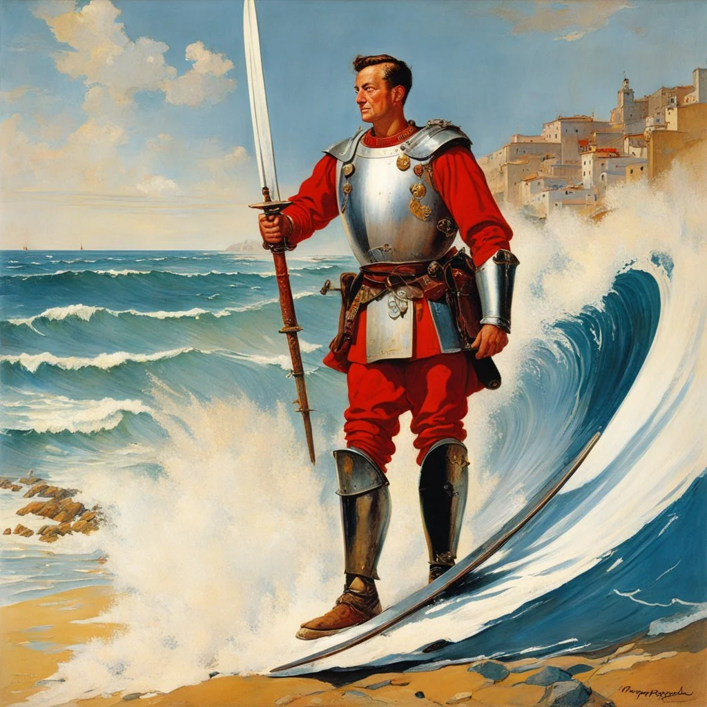 [art by Norman Rockwell, surf at Nazare] Clad in armor that bore the marks of countless battles, Roupinho stood tall and proud, his sword gleaming in the sunlight as if it were an extension of his very being. Forged by skilled artisans and imbued with the essence of his noble lineage, the sword was not just a weapon but a symbol of his duty and honor. Every day, Roupinho would seek solace and guidance in the presence of the Black Madonna. With reverent steps, he would ascend the worn stone steps