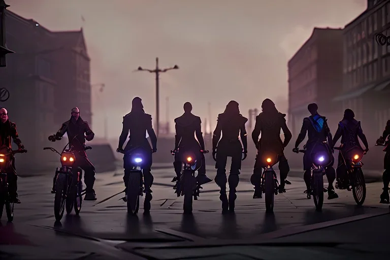 biker gang,night lighting,rainy, realistic, unity engine, cinematic lighting, scriptable render pipeline.