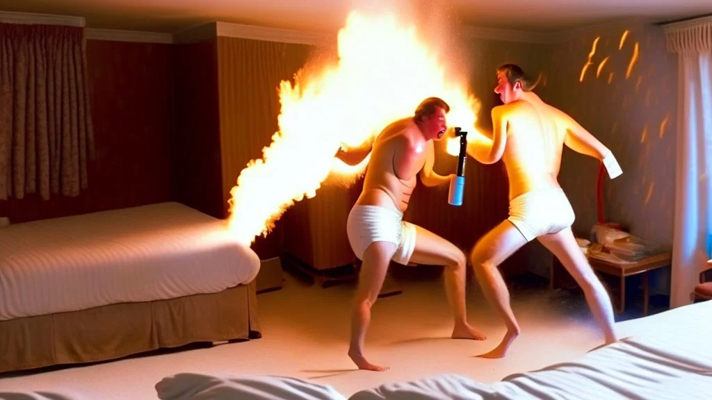 2 men in boxers spraying fire extinguisher at each other in motel room