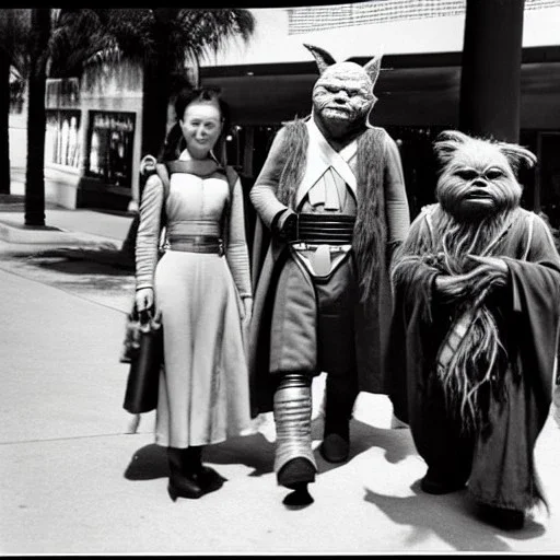 Creepy old photo of star wars Yoda and ewok type people out shopping at old town