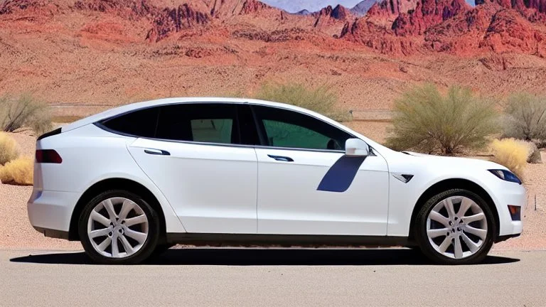 A Tesla's 'Model S Plaid' is parked, at the 'Lake Mead', in Nevada. CINEMATIC. WIDE ANGLE LENS.
