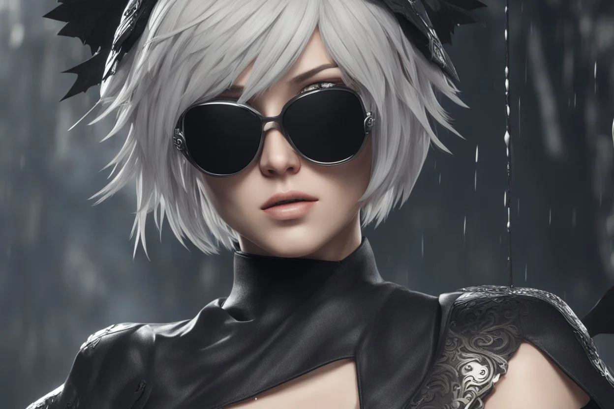 Hot 2B with sunglasses in 8k nier automata artstyle, blind them, 2B Custom, blindfold, close picture, rain, fantasy world, intricate details, highly detailed, high details, detailed portrait, masterpiece,ultra detailed, ultra quality