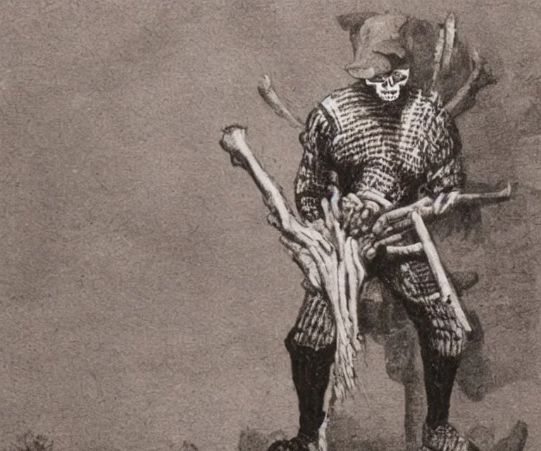 a skeletal lumberjack wearing a wool cap