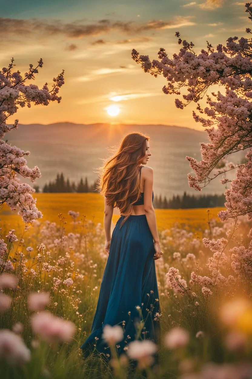 a stunning woman with long hair standing in the middle of a field filled with blossoming flowers. She appears to be enjoying the serene environment and her surroundings, cinematic