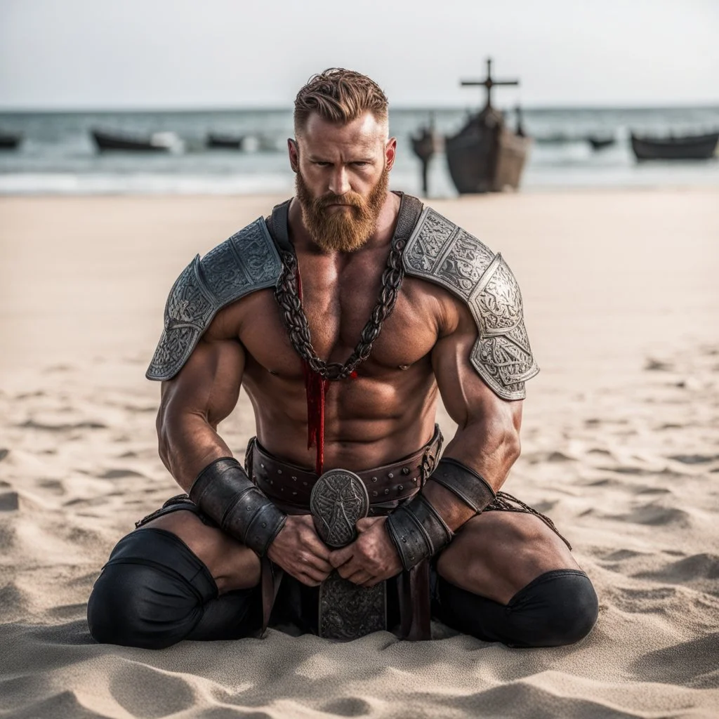 muscle viking back on his knees on a plazza, hands on the sand of the shore, ready to have his bloody back opened for execution and lungs open to the outside: this is the blood eagle ritual execution