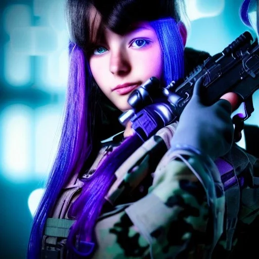 A cyberpunk millitary girl, super high quality, girl portrait, cyberpunk, sniper girl, gun girl, pretty, blue purple lights