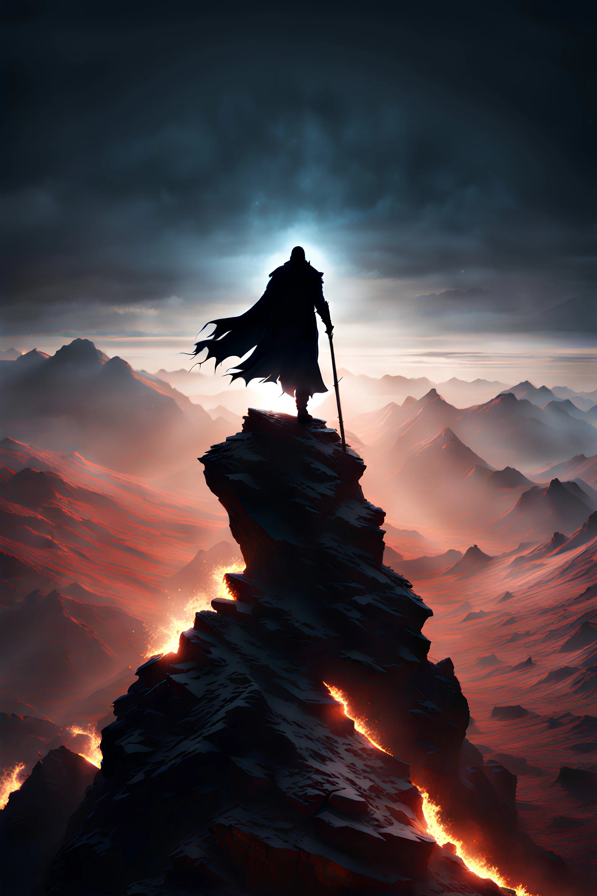 The Shadow of Death standing on a mountain top, using the staff of destruction to break the world. fantasy art, Cinematic lighting, Volumetric lighting, Epic composition, octane render