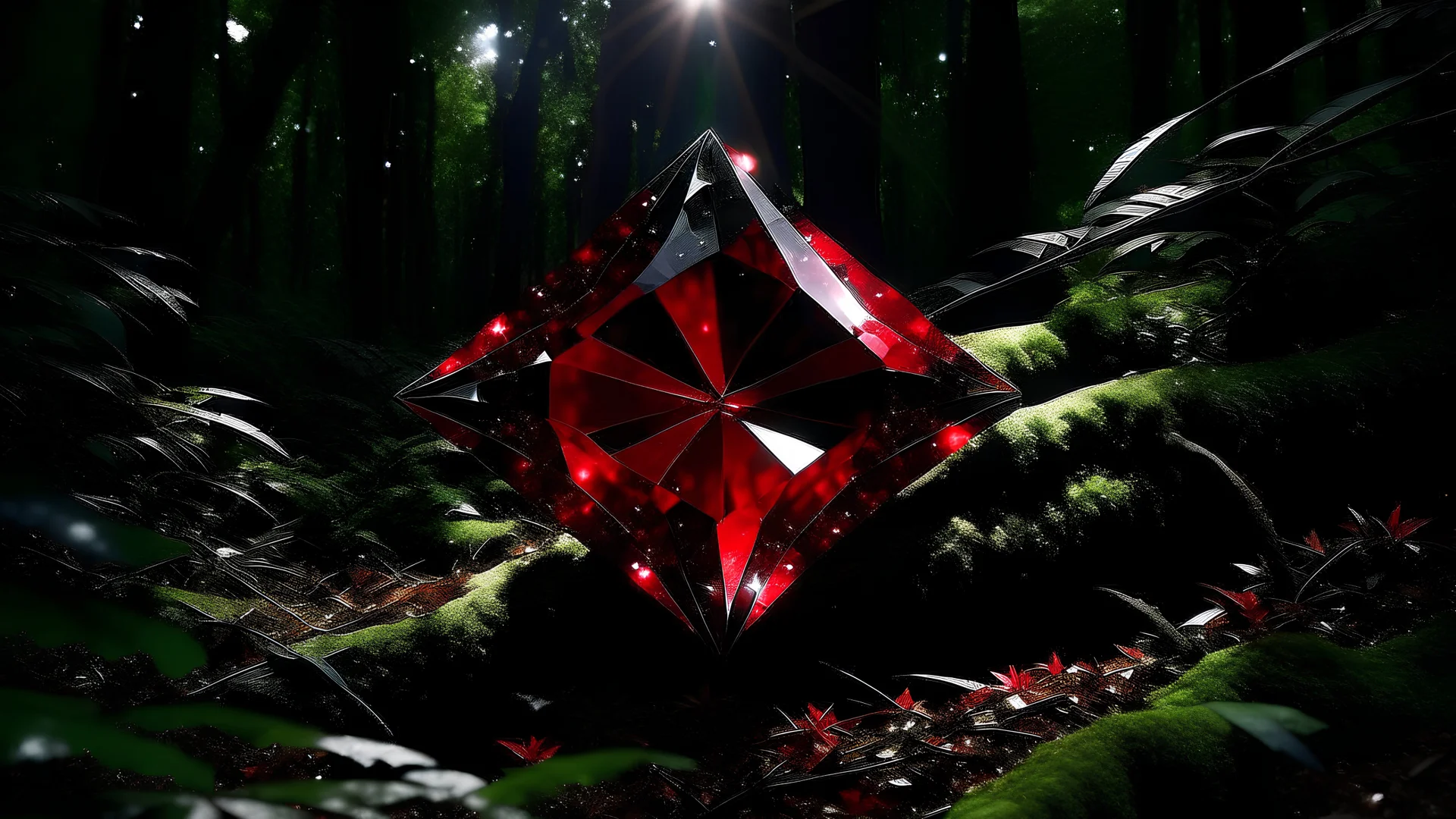 A shining red diamond star shining through a dense black forrest.