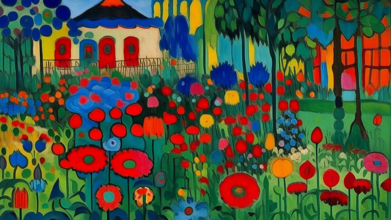 A blue flower garden with a factory designed in cave paintings painted by Alexej von Jawlensky