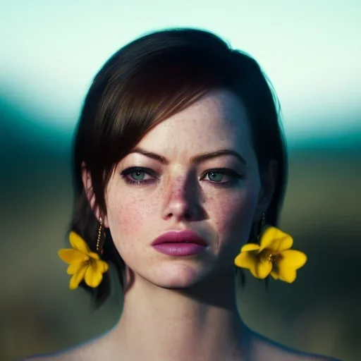 Emma Stone ,nates with yellow flowers for hair, closed eyes, rtx, reflection, 8k, glow, winning photography, caustics