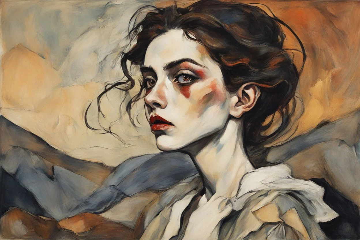 Painting of a vampire girl, in the Expressionist style of Egon Schiele, Oskar Kokoschka, and Franz Marc, in muted natural colors