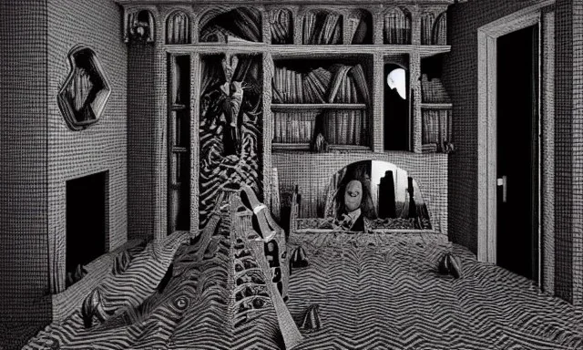 Wednesday Adams portrait, scary dark 3d room, spiders, Escher style