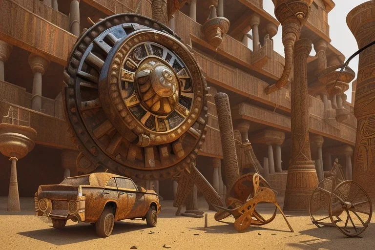 african scene, ancient egypt, zulu, scaffolding, rusted clock, rusted cogwheel, high detail