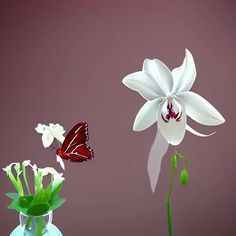 Абстракция прозрачная Белая ванильная орхидея в вазе с красными бабочками кузнечик