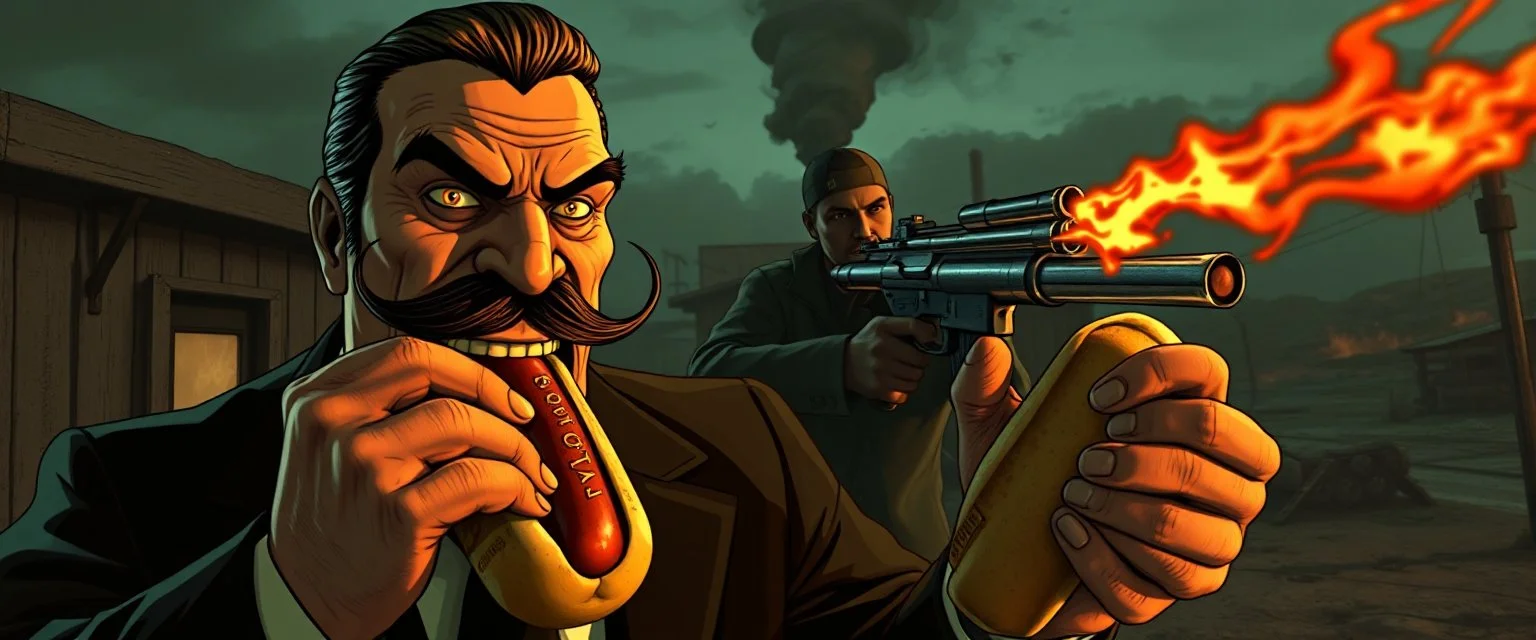 mean looking mafia thug with mustache eating a two hot dogs while fighting on the style of Escher and fallout 4