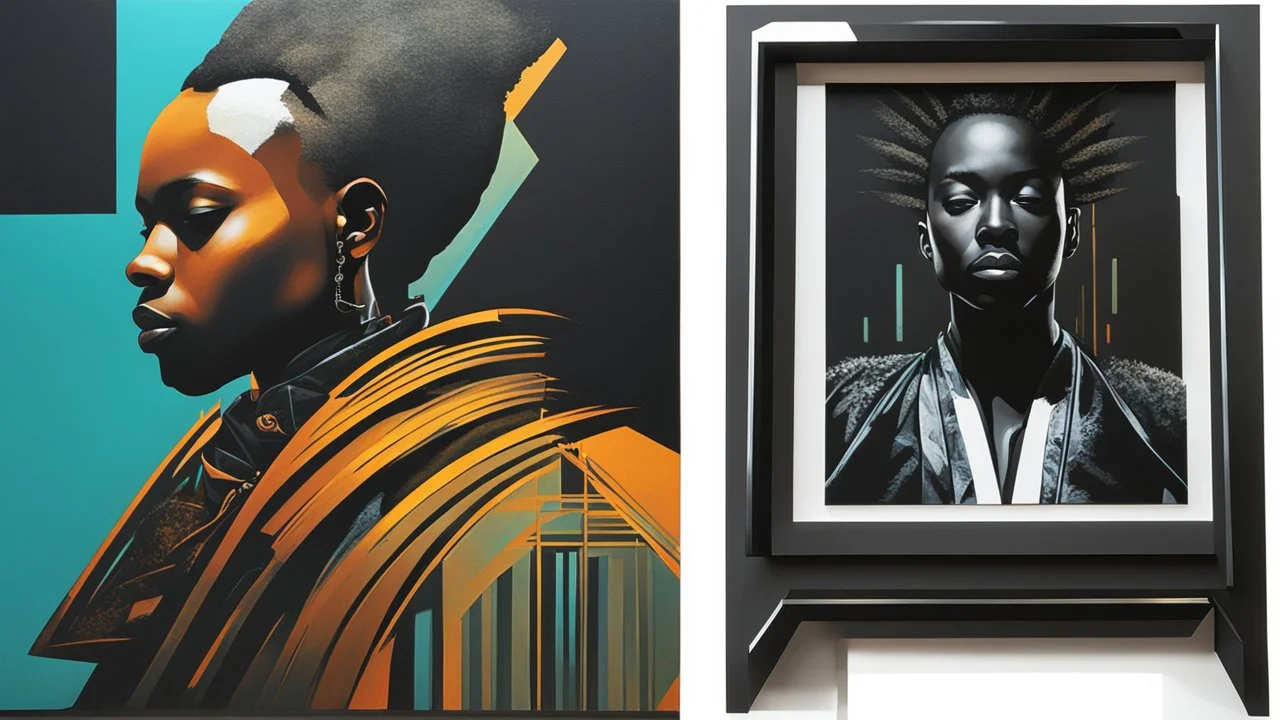 split image; left image: acrylic minimal painting of an african cyberpunk wizard with mohawk hairdo; right image: shadows cast on wall of black glass slabs; overheat, dramatic, cinematic, sudden jolt dynamics, cyberpunk wear, afro-futurism, sharp shadows, harsh contrasts, great verticals, great parallels, great reflections, unsettling shadows, surreal futurist architecture art, surreal liminal space, tribal style, tribal vibe, tribal patterns, vivid black colors