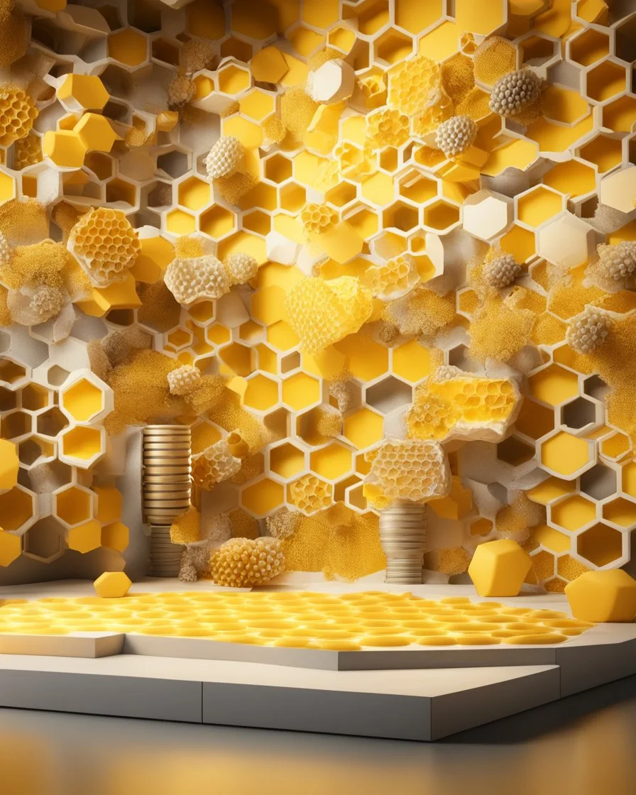 virtual studio, photo wallpaper with honeycombs, a beautiful yellow background, false windows and bright pseudo-lights and spots on the walls, display shelves for products, illuminated hexagons