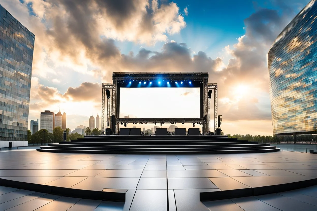 a big open empty disko stage in modern city in a very big square , at distance,cloudy sky at night