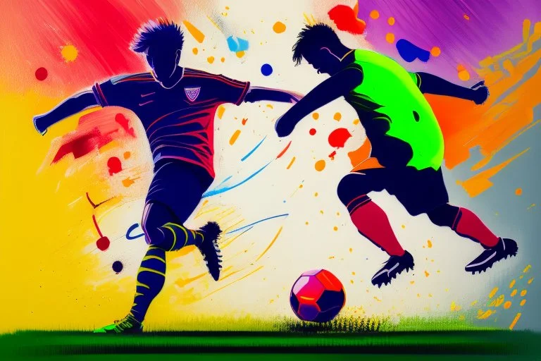 Oil painting, full body of a soccer player, he is kicking the ball, the ball is flying, bright but not neon colours, dynamic lines, dynamic blobs, spots, lines in the background of the character, splash like a colour explosion