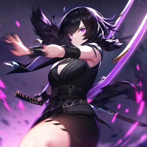 Clear focus,High resolution, Black short fluffy hair, and purple eyes, wearing a black outfit, must wear a short skirt, holding a glowing katana, fighting stance