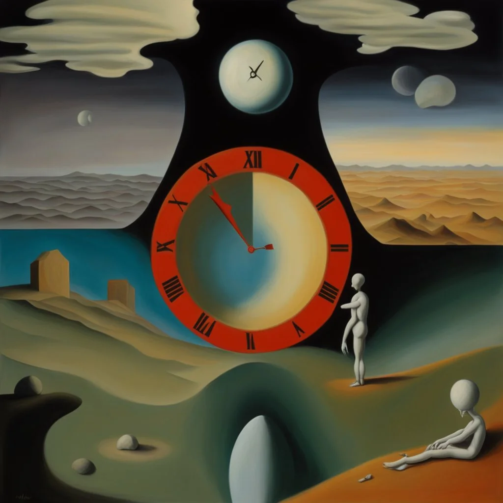 person alone in planet,cover art, surrealist painting called 'today I am thinking about time by dali and picasso and magritte and Breughel