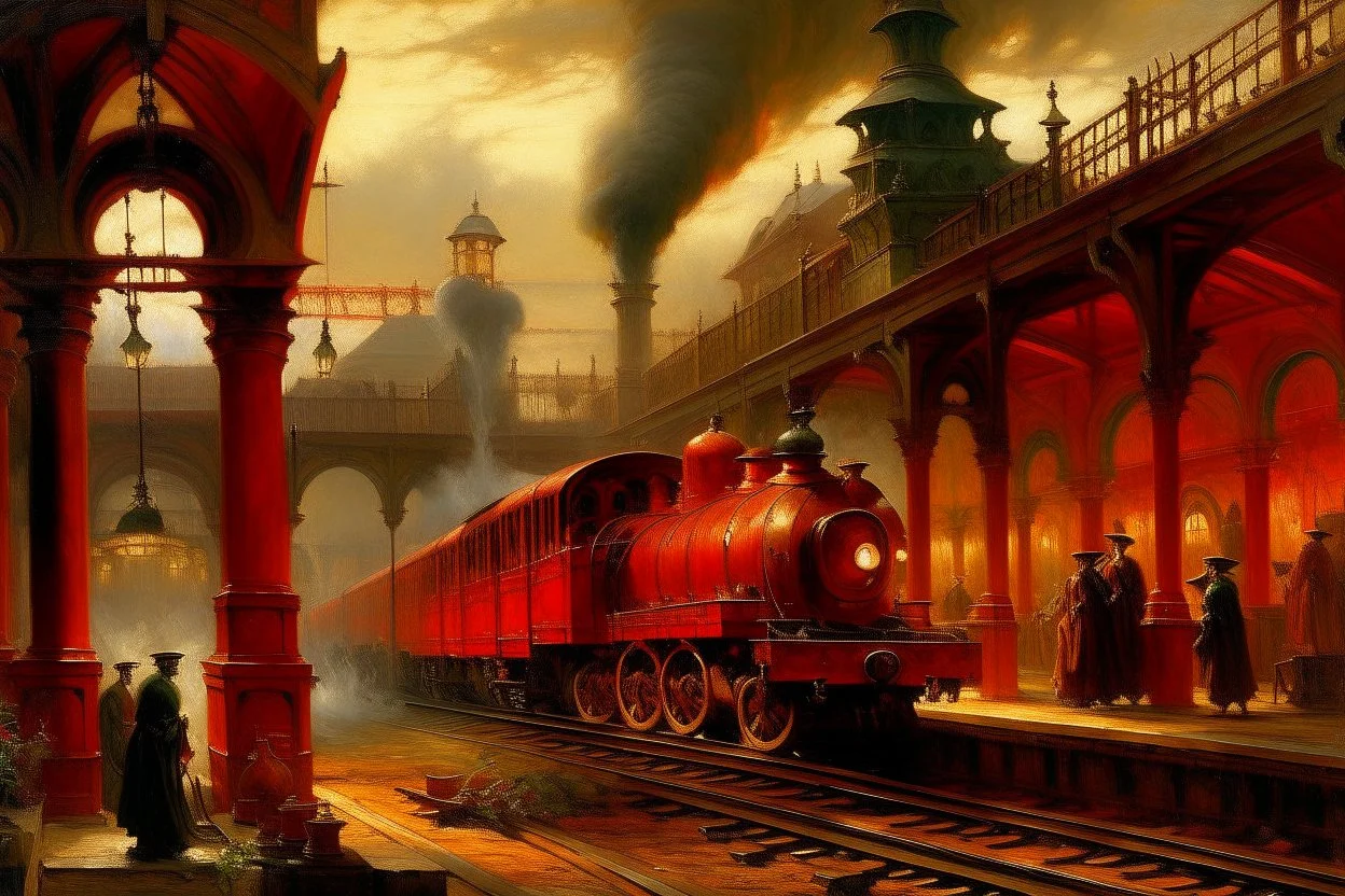 An orangish red fiery steampunk train station painted by George Inness