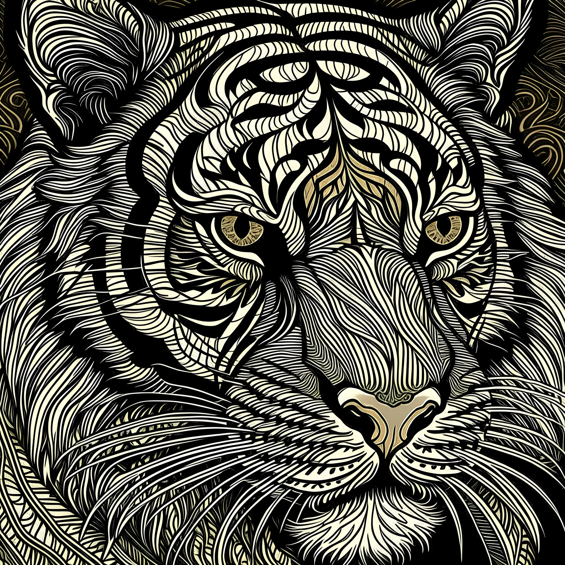 Tiger, highly detailed, in the style of indian woodblock art,