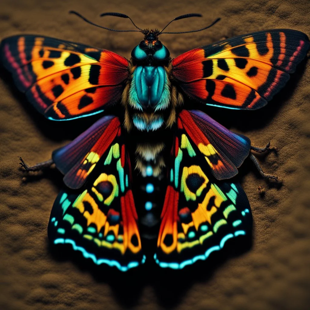 Glowing Colorful Moth 1.5mm field of view Olympus macro gear at 5:1 magnification. Modifiers: sharp focus elegant fantasy bright studio setting studio lighting photorealistic very attractive beautiful wallpaper award winning imperial colors fantastic view hyperrealistic ultra detailed 4K 3D very cute cinematic postprocessing acrylic art