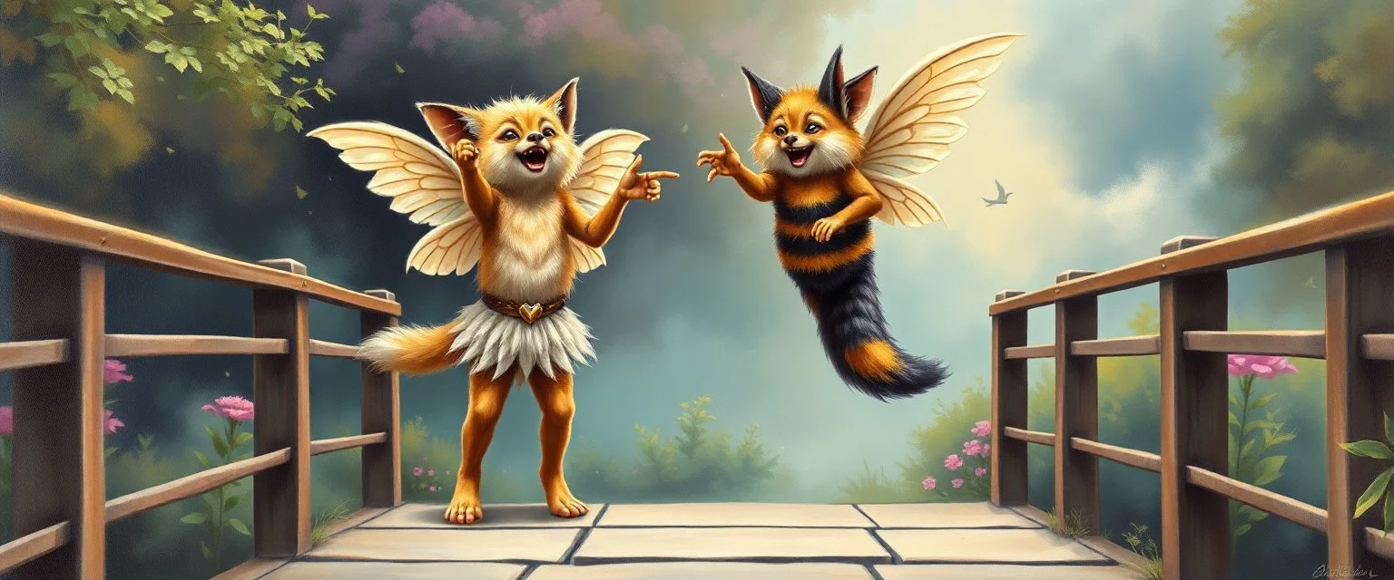 two totally symmetric dancing fluffy angel gremlin wolf bumblebee nice cheerleader singing on bridge pointing down in garden , full body portrait T-pose strong aura, oil painting and air brush