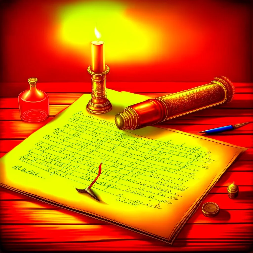 A old parchment scroll laying on wooden desk with a quill and a bottle of ink. Magical. Epic. Dramatic, highly detailed, digital painting, masterpiece