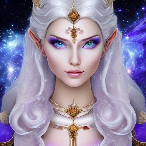 cosmic mage, elf, female, battle mage, epic, cosmic magic, long ears, white hair, face details, pale skin, jewellery, broad shoulders, sharp ears, cosmic clothes, cosmic eyes, ears shown, light out of eyes, the cosmos in eyes, stars in eyes, shining eyes, non human face, thin face, animation, detailed ears, magical eyes, non realistic, closed mouth