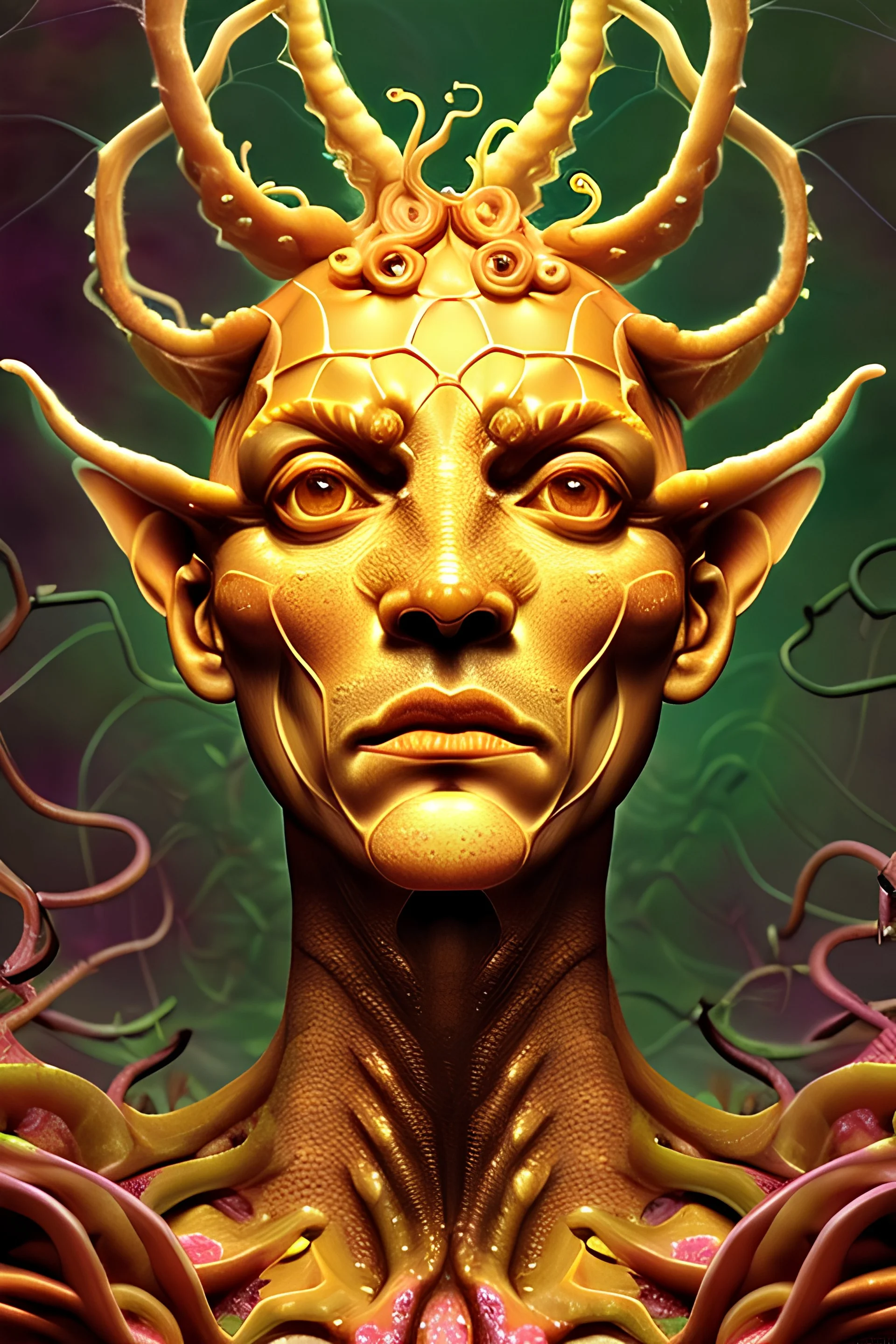 godlike figure made of corn and scales, evil, front view, golden ratio, mechanical, contorted, distorted fractal statue, vines, dotted tentacles, sequined, DMT, demonic, bloody, astral journey, biomorphic visionary psychedelic mushrooms, garden, majestic, garden, spiritual magic, mystical energy, face of god, Salvador Dali, H.R.Giger, René Magritte