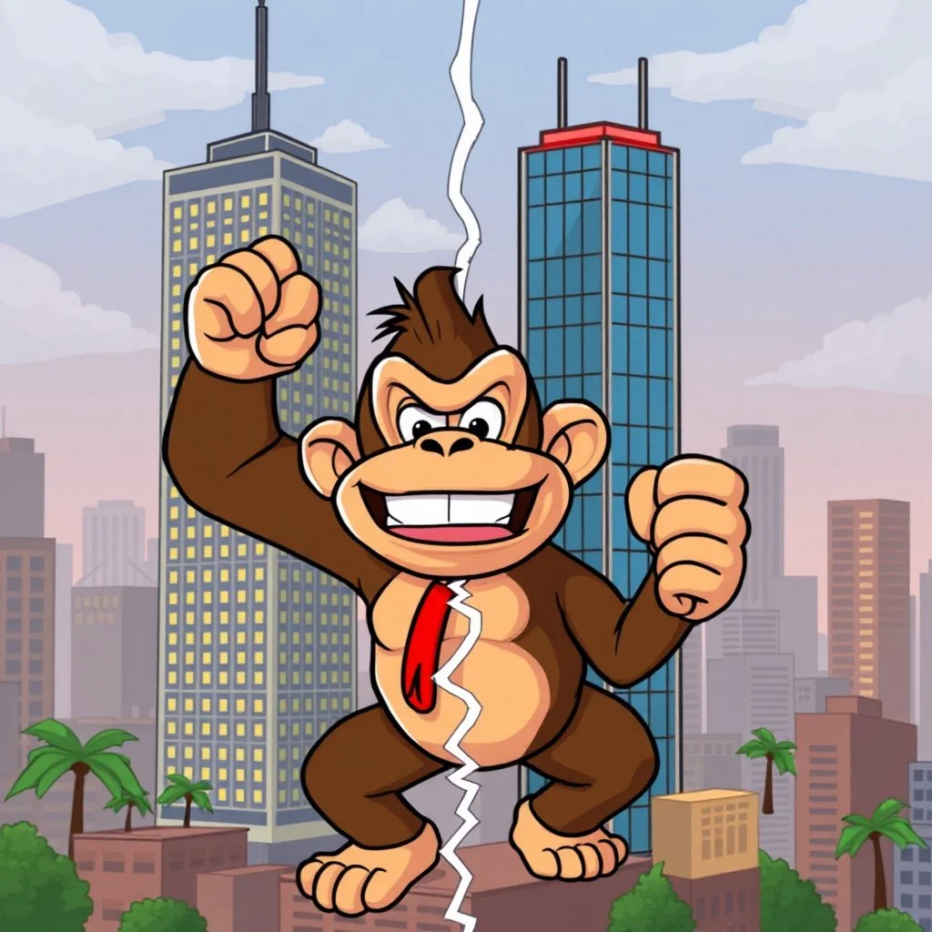 vector Cartoon Donkey Kong gluing two skyscrapers together