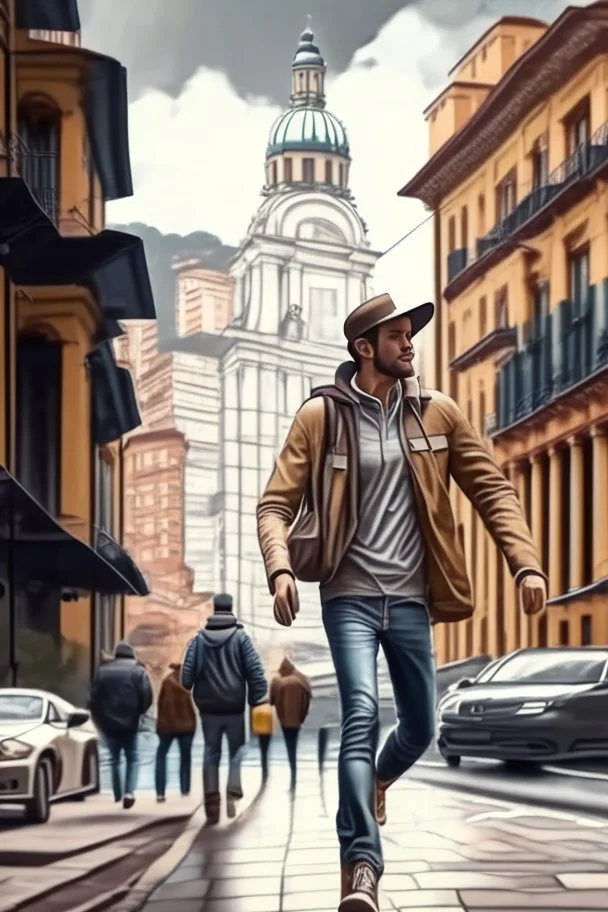 Animated drawing of a man walking headlong in the city of Bogotá front view 8k hyper-realistic front view