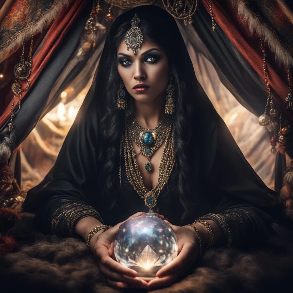 Hyper Realistic photographic-view of Wicked Fortune-teller wearing black-beed-necklace-&-bracelet angrily Looking at her crystal-ball glowing magically & sitting in her tent decorated with fancy-traditional-ornaments-&-feathers showing dramatic & cinematic ambiance"