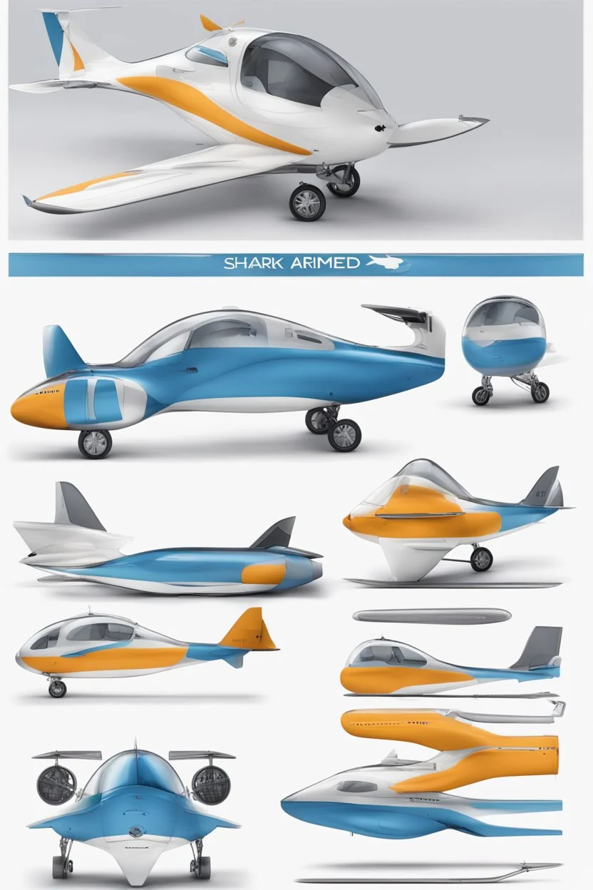 ideation aeroplane airmed inspired by shark with side view, quarter view and front view