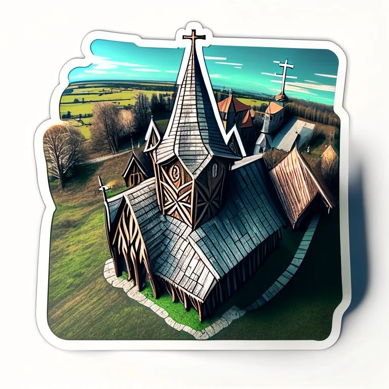 aerial view digital artwork of a stave church as a sticker