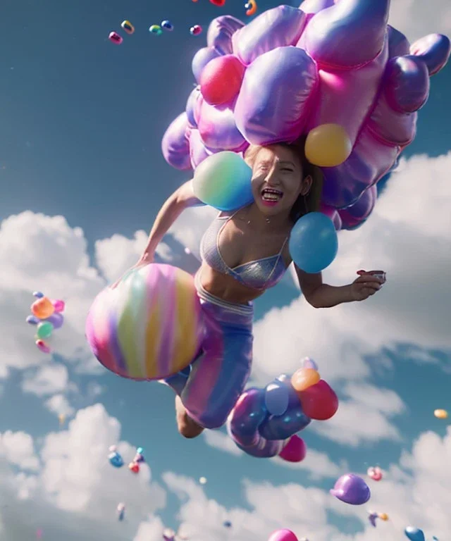 Ultra realistic speed clouds sky scene, wide angle view, sweet women falling down, inflatable color clothing, free jumping flying, many trinkets, hair monster, many jelly beans, balls, color smoke, smile, happy, circus style, extreme, wind, 20,000 feet altitude, stratosphere, soft color, highly detailed, unreal engine 5, ray tracing, RTX, lumen lighting, ultra detail, volumetric lighting, 3d, finely drawn, high definition, high resolution.