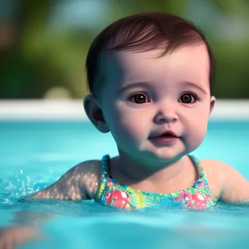 Cute Baby swimming in pool unreal 5, octane render,cinema4d, dynamic lighting, 8k, redshift render, highly, hyperrealism ultra detailed, hyper realistic.