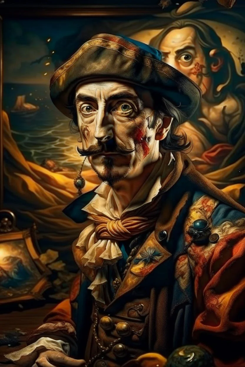 portrait of crazy art pirate thief in front of insane painting in the style of Salvador Dali, 4 k, down light, depth of field, trending on art station, high detail, cracked ground