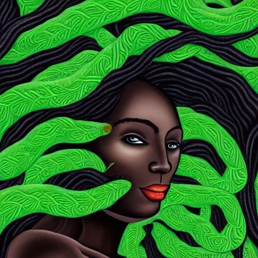 Painting .the face of A young black woman. A wood nymph emerging from the forest. Her hair looks like vines. Dreadlocs. Her skin is the colour of dark soil. Her skin looks like tree bark. Her clothing is made of vines, grass and leaves.