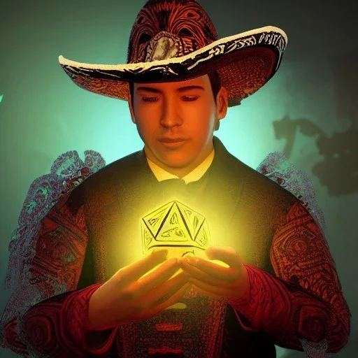 Insanely detailed photograph of an “male mariachi holding glowing D20” with intricate detailed Sombrero, intricate charo, hyperdetailed painting by Ismail Inceoglu Huang Guangjian and Dan Witz CGSociety ZBrush Central fantasy art album cover art,8K, hdr, mysterious, flickeringlights ,Stoic