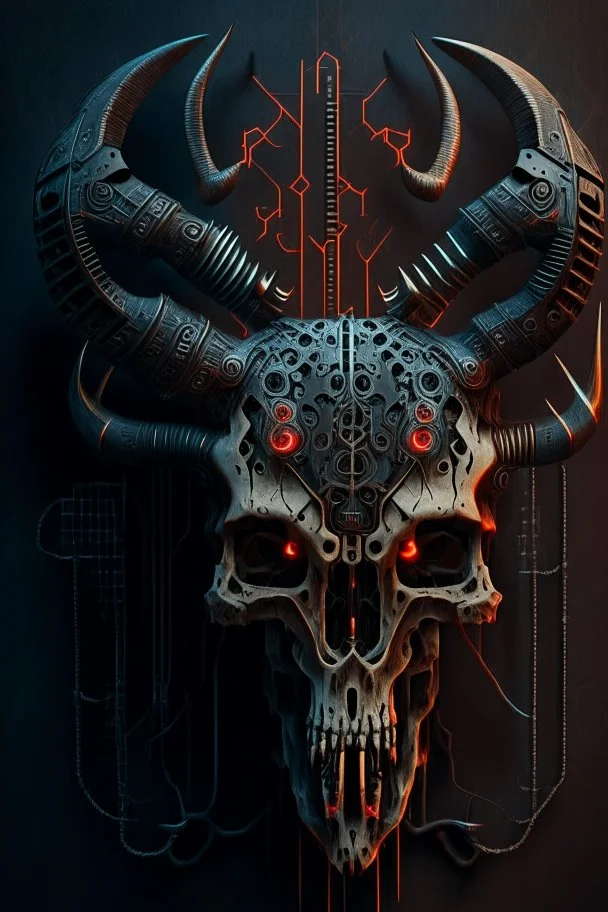 a devil's skull with circuitry for horns