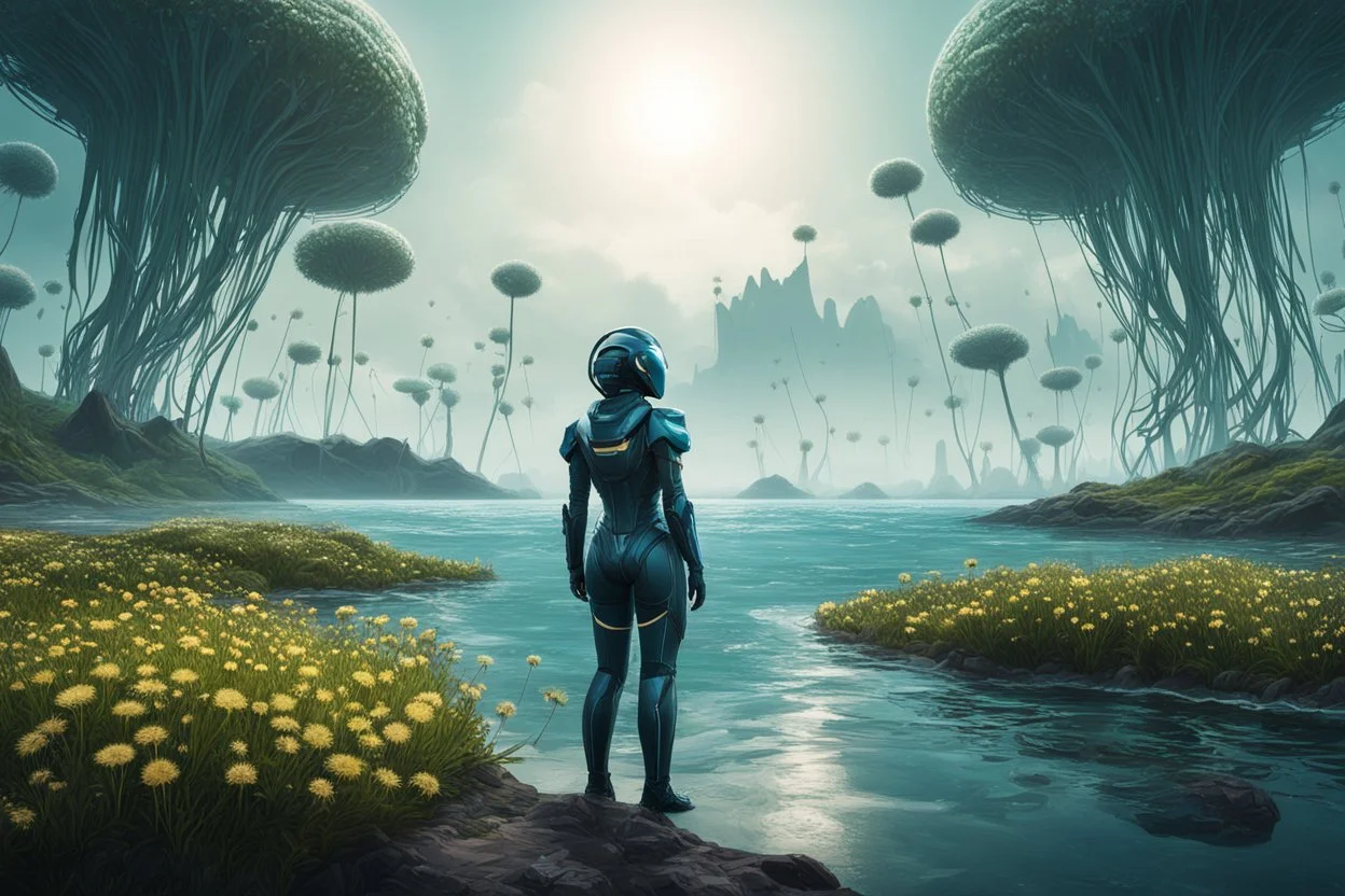 young woman in an android suit standing on the shore of an alien sea. Floating forests with dandelion tops in the distance