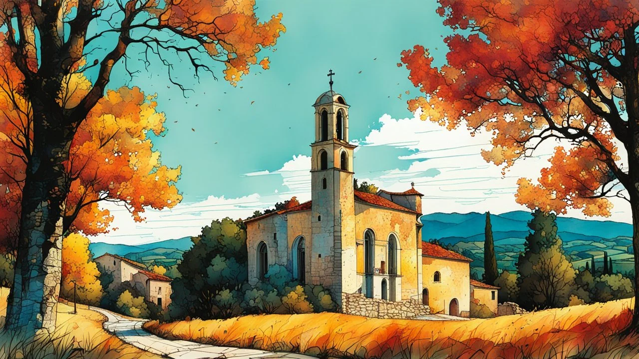 create a fine art print illustration of an old Italian village church, with highly detailed rough stonework, surrounded by ancient Lombardy poplar trees, in the hills of Tuscany under a tranquil autumn sky , in the comic book art style of Bill Sienkiewicz, and Jean Giraud Moebius, finely textured, drawn, colored, and inked