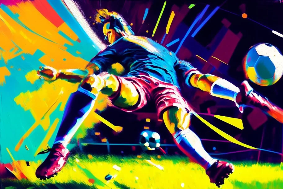 Oil painting, football match, the striker is kicking a goal, the ball is flying, bright but not neon colours, dynamic lines, dynamic blobs, spots, lines in the background of the character, like a colour explosion, A visually striking piece filled with dynamic brushstrokes, reminiscent of the impasto technique used in Vincent Van Gogh's Post-Impressionist paintings. The composition features bold colors and unblended strokes, creating a sense of depth and movement that defies traditional art style