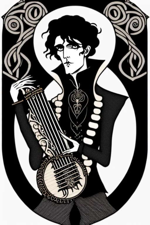 goth male necromancer with black hair playing a hurdy-gurdy in the style of Aubrey Beardsley