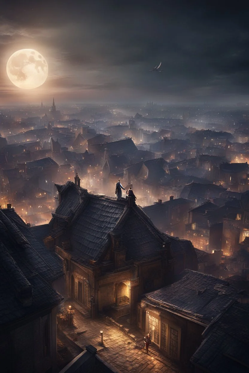 assassin's creed rooftops night scene, vista dal basso