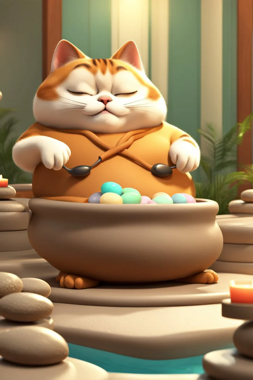 A fat palace cat getting a message in a spa, 3d animation ,funny