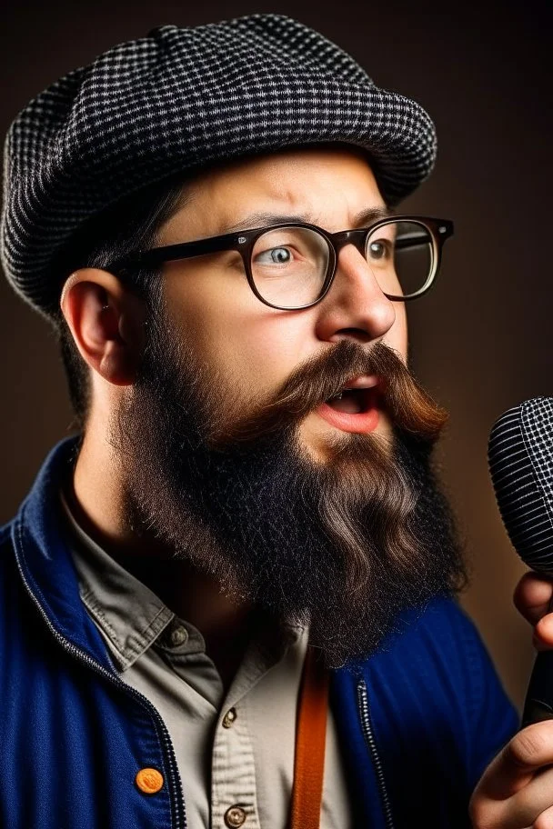 Man fires up with a microphone in his hand, wears glasses, hat, beard, looks like a clog.